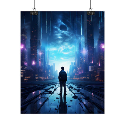 Cyberpunk Cityscape at Night: Melancholic Landscape Digital Art - Poster
