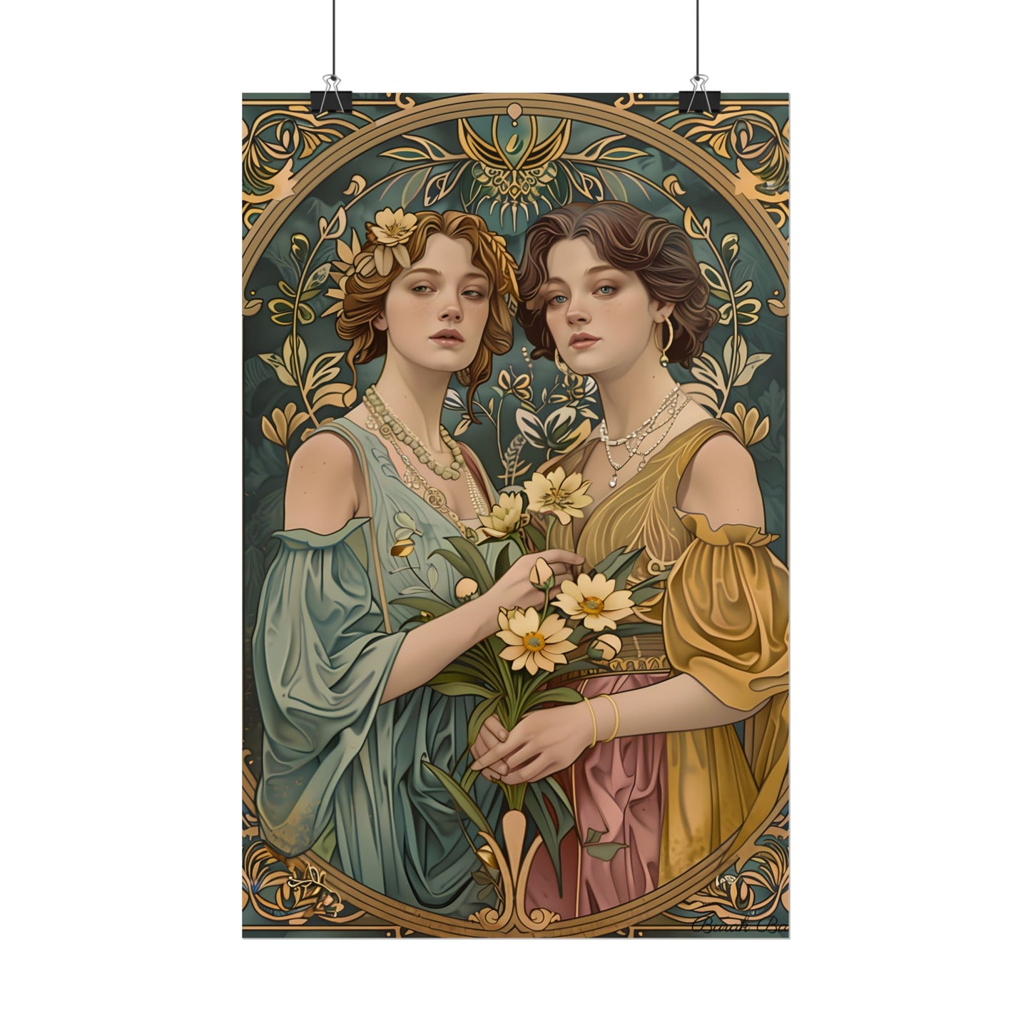 Two Women in Ornate Attire Holding Primr: Traditional Turkish Artwork - Poster