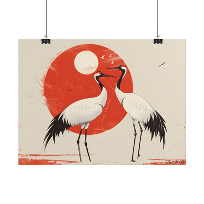 Serene Wildlife Sanctuary: Cranes in Red Nature Scene Art - Poster