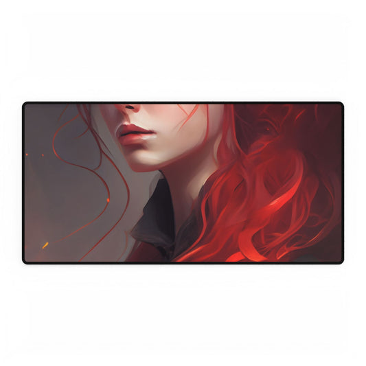 Composed Redhead: Elegant Portrait in Vibrant Red - Desk Mat