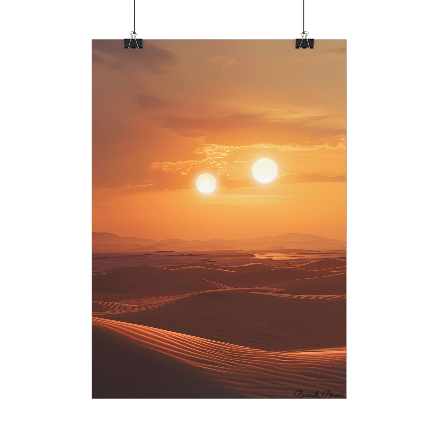 Serene Binary Sunset Artwork: A Peaceful Landscape - Poster