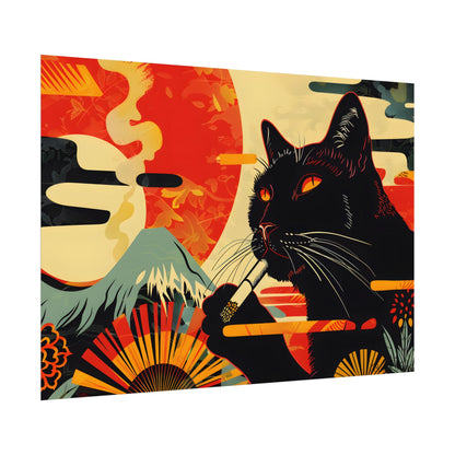 Whimsical Cat Smoking: Red & White Stripe Artwork - Poster