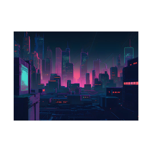 Melancholic Cyberpunk City: Nighttime Scene Digital Art - Poster