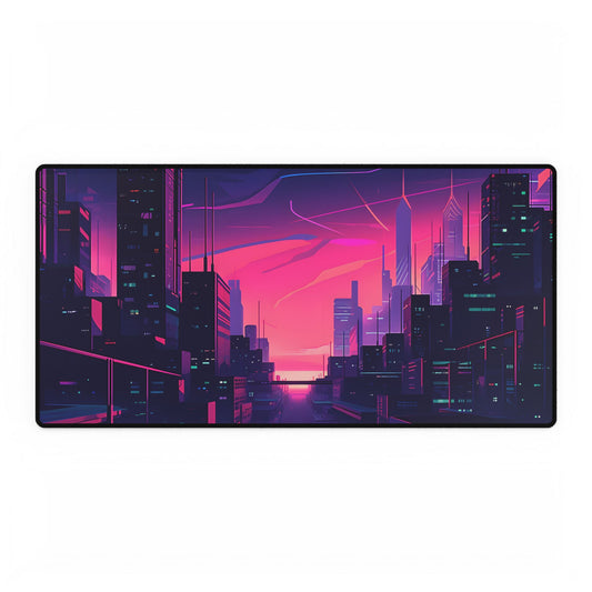 Melancholic Cyberpunk Cityscape: Neon Night Digital Art - Desk Mat