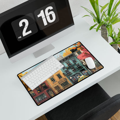 Whimsical Wonder: Playful Yellow Building Illustration - Desk Mat