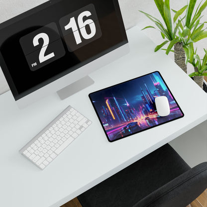 Futuristic City Glow: Neon Lights Digital Art - Desk Mat