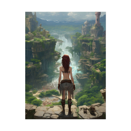 Dramatic Birds Eye View: Red Haired Anime Girl in Urban Landscape - Poster