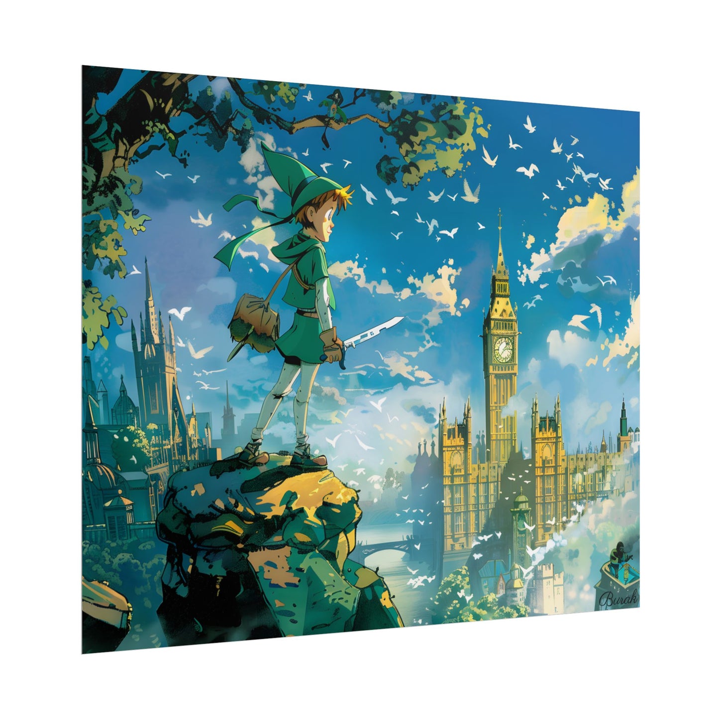 Whimsical Boy in Green: Colorful Illustration Artwork - Poster