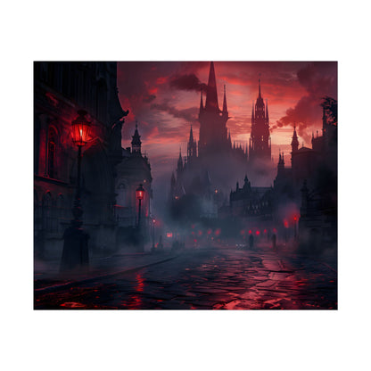 Gothic City Dusk: Pointed Arches and Misty Atmosphere - Poster