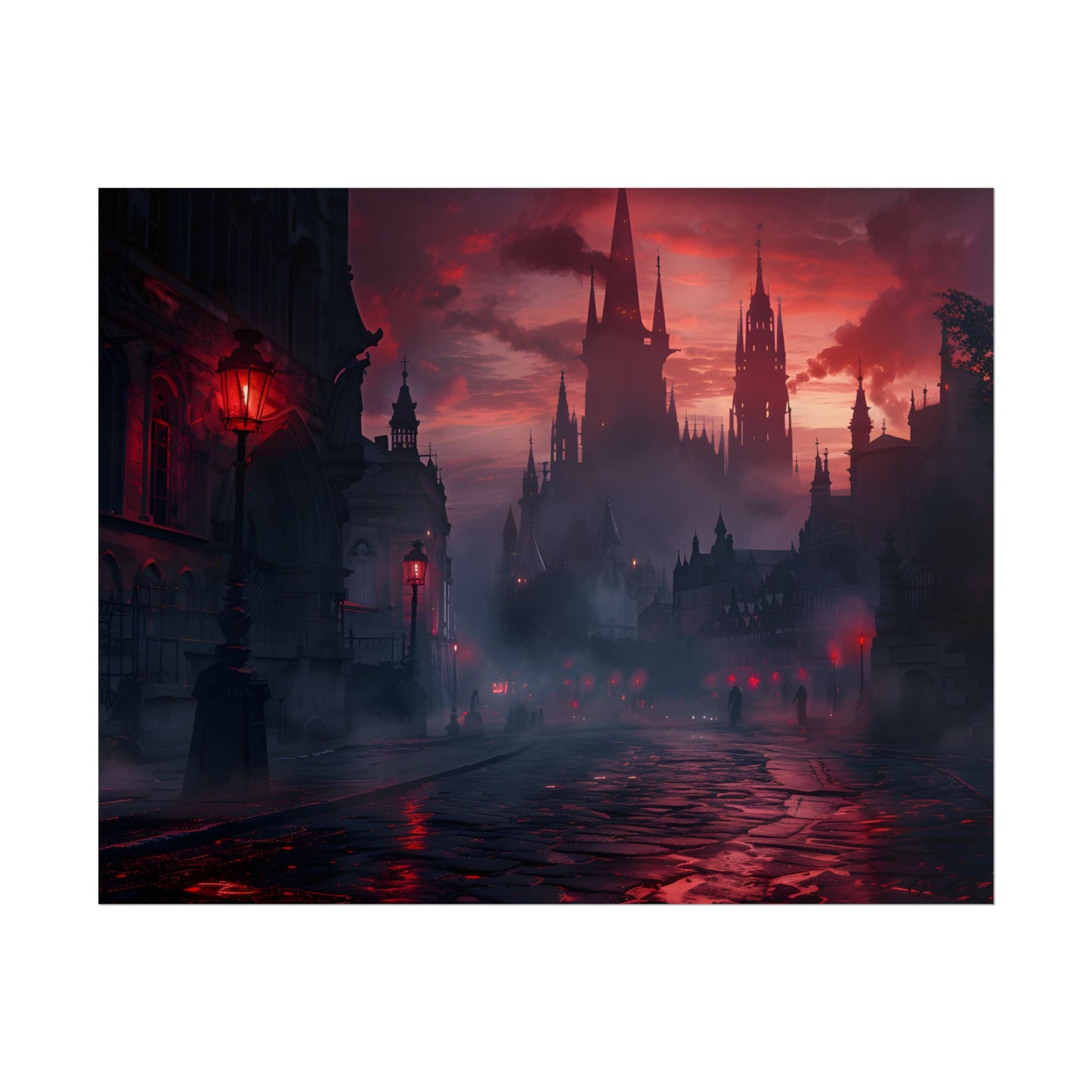 Gothic City Dusk: Pointed Arches and Misty Atmosphere - Poster