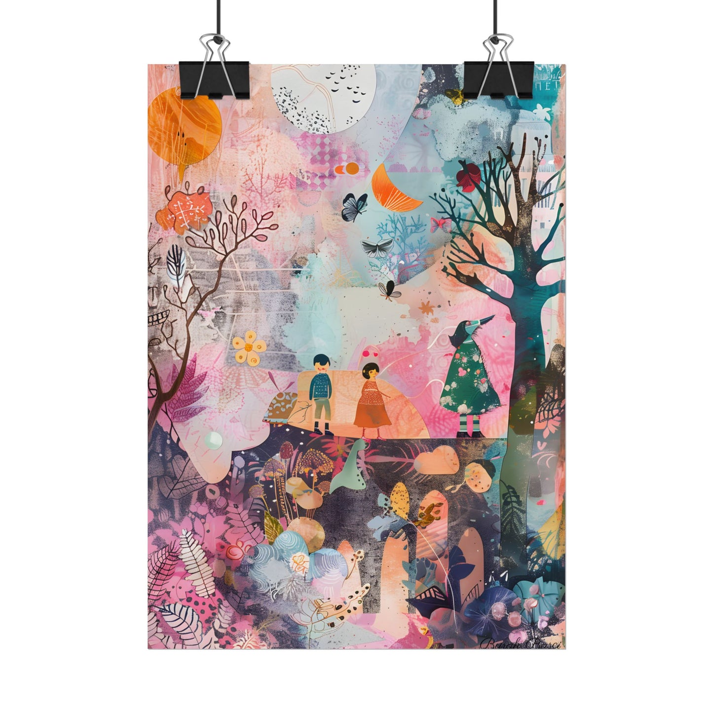 Colorful Whimsy: Blue Fish, Yellow Bird, Pink Cat Art Collage - Poster