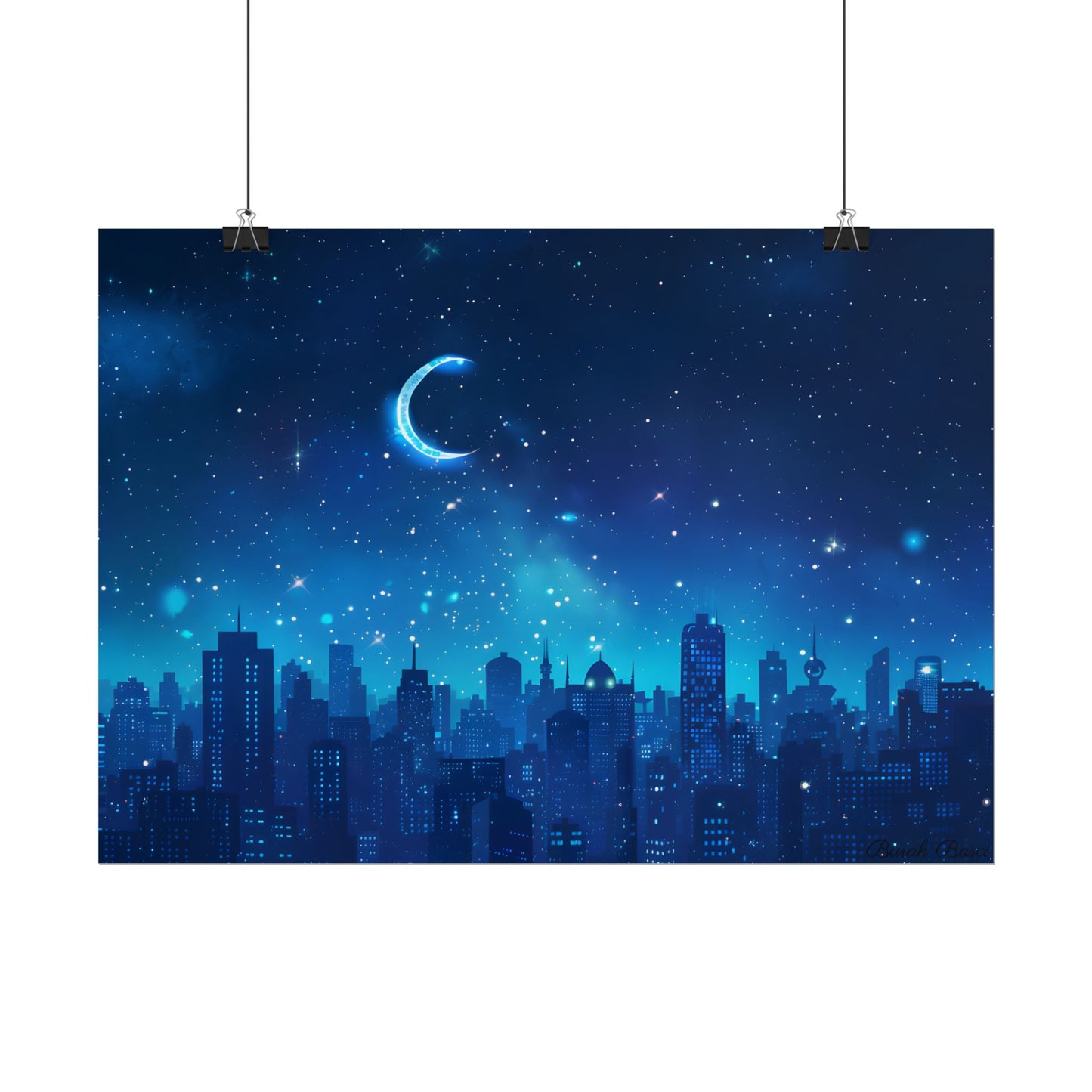 Peaceful Night Sky with Crescent Moon: Starry Digital Art - Poster