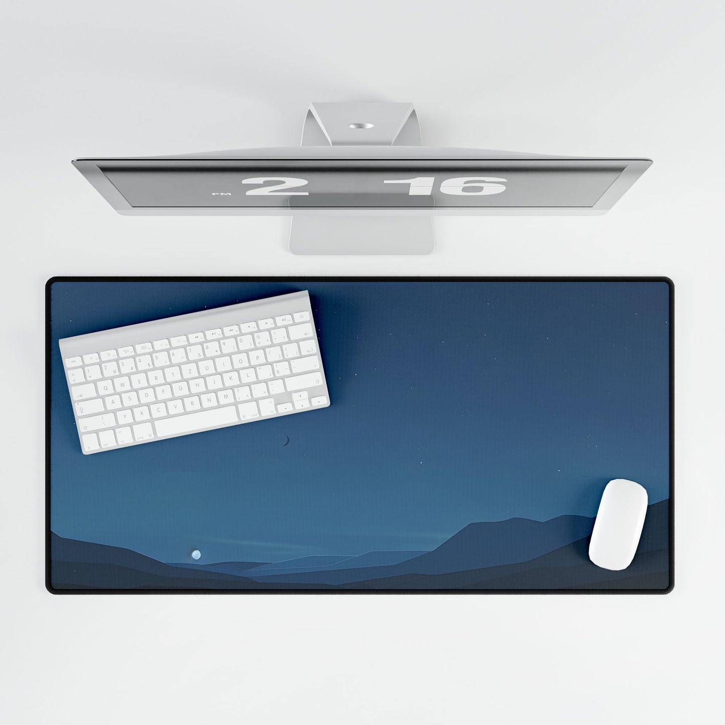 Minimalist Night Sky: Stars and Crescent Moon Art - Desk Mat
