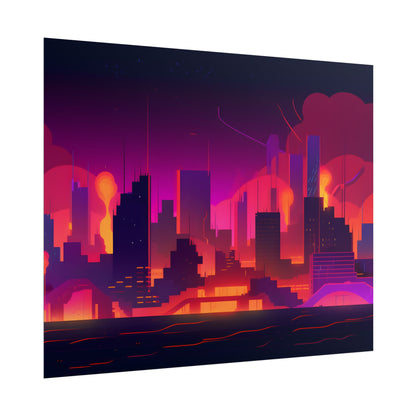 Burning Cyberpunk Cityscape: Nighttime Digital Artwork - Poster