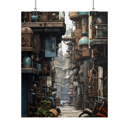 Steampunk Urban Decay: Post-Apocalyptic Cityscape at Dusk - Poster