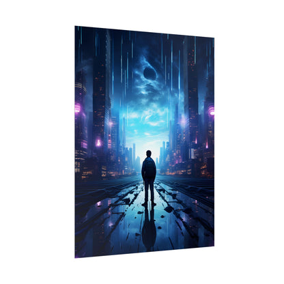 Cyberpunk Cityscape at Night: Melancholic Landscape Digital Art - Poster