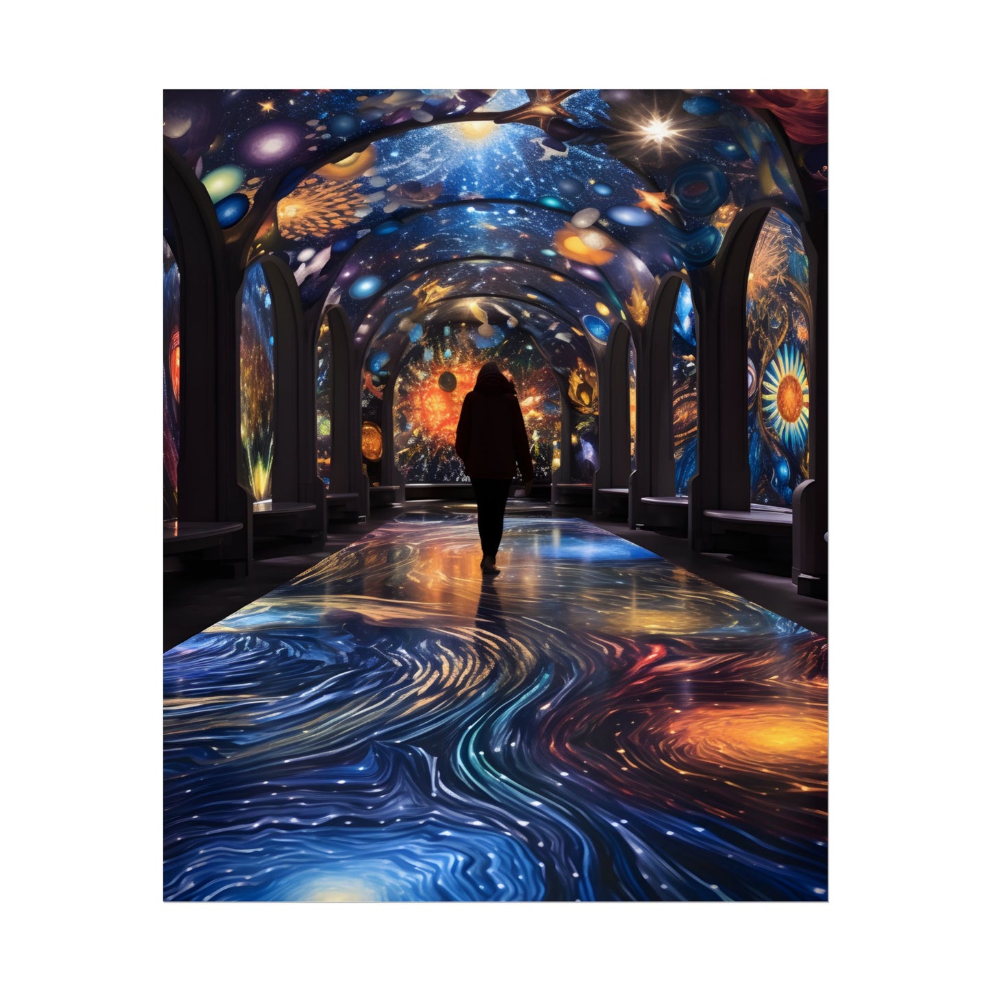 Celestial Art Gallery: Vibrant Space-Themed Artwork in a Colorful Interior - Poster