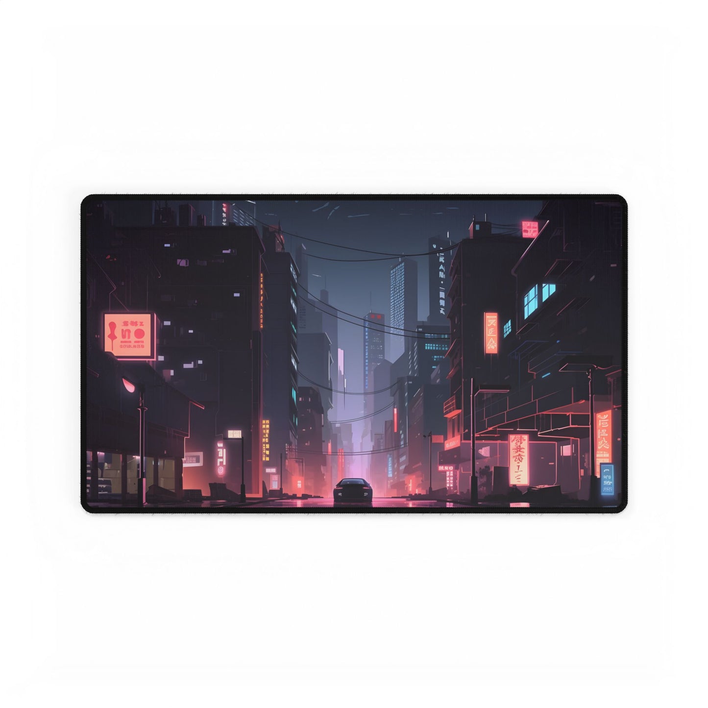 Cyberpunk Night: Melancholic Urban Landscape Artwork - Desk Mat