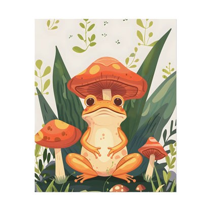 Retro Whimsy: Frog & Mushrooms in Close-Up Charm - Poster
