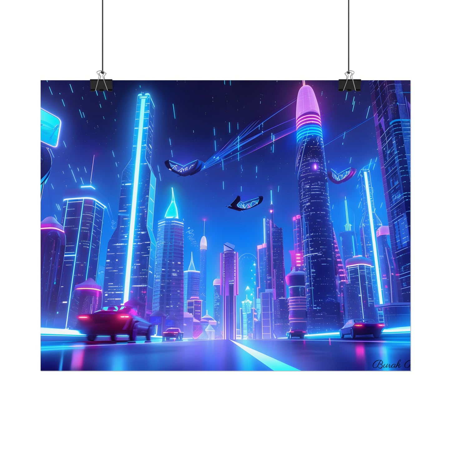 Vibrant Futuristic Cityscape: Neon Lights at Night Digital Artwork - Poster