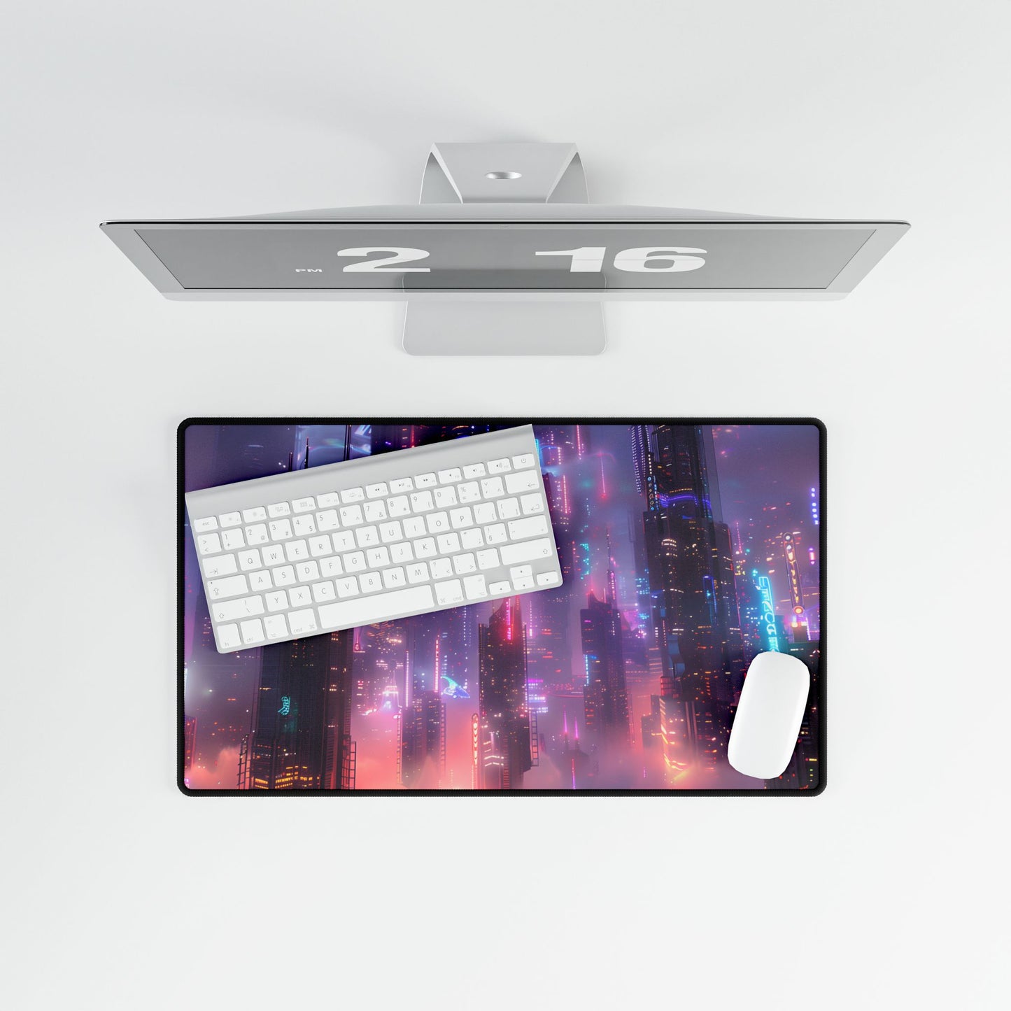 Neon Futuristic Cityscape: Graphic Modern Art - Desk Mat