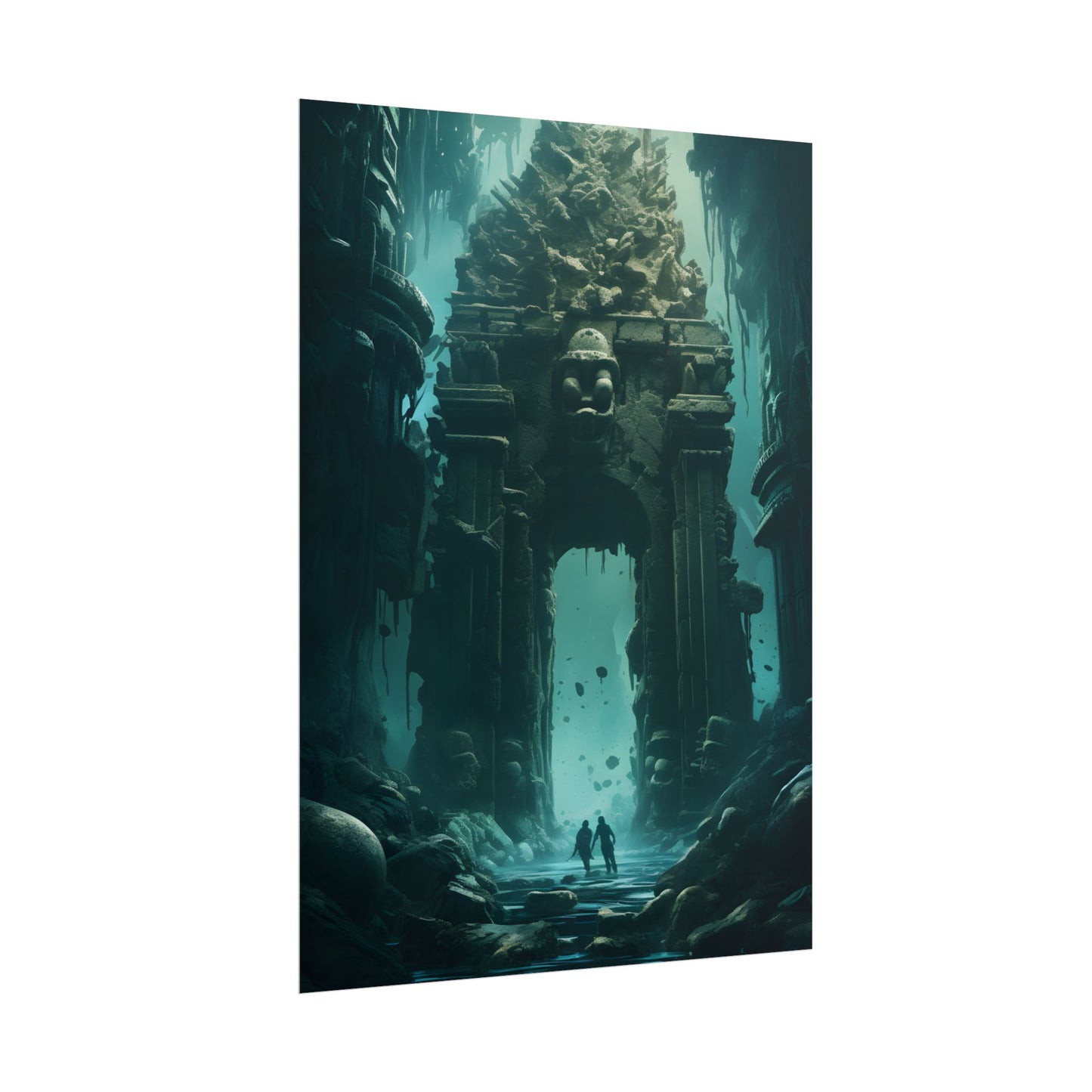 Lost Underwater Ancient City: Mysterious Blue Hues Art - Poster