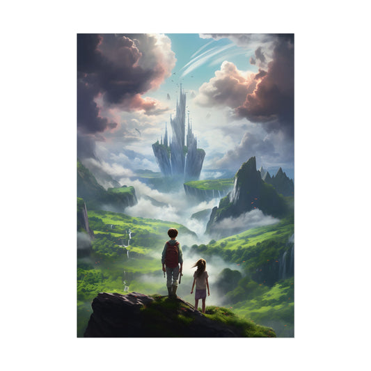 Girl and Boy in a Cloudy Meadow: Serene Outdoor Scene - Poster