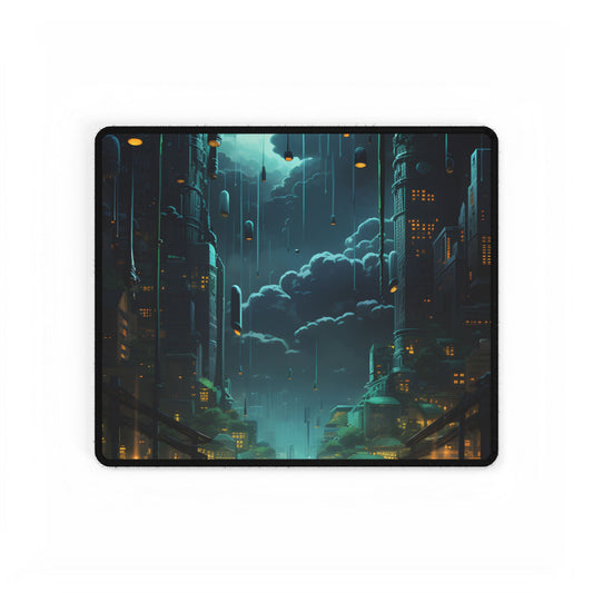 Melancholic Cyberpunk Night: Neon Cityscape Artwork - Desk Mat