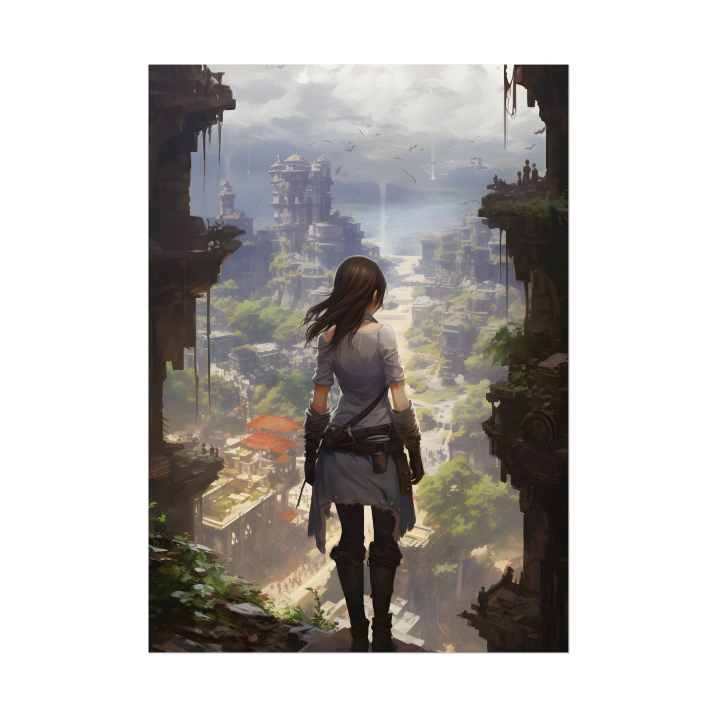 Dramatic Anime City Warrior: Bird's Eye View Digital Art - Poster