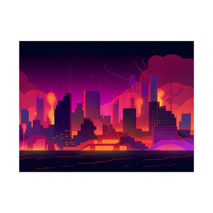 Burning Cyberpunk Cityscape: Nighttime Digital Artwork - Poster