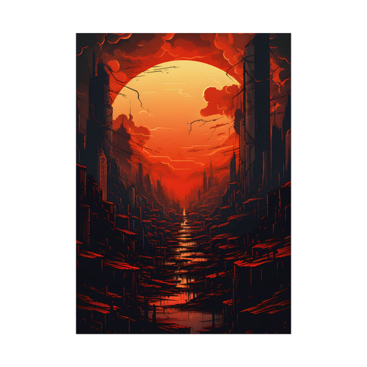 Cyberpunk City Nights: Burning Skyscrapers Digital Art - Poster