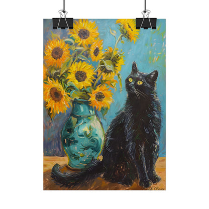 Whispers in the Garden: A Black Cat Among Sunflowers - Poster