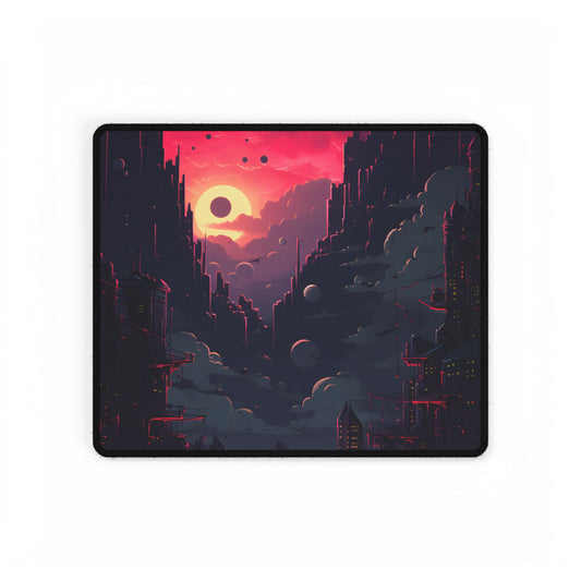Cyberpunk Cityscape: Burning Nighttime Landscape Digital Art - Desk Mat