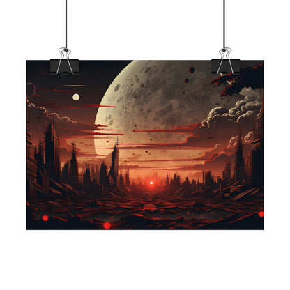 Landscape at Night: Burning Cyberpunk Neon Lights - Poster