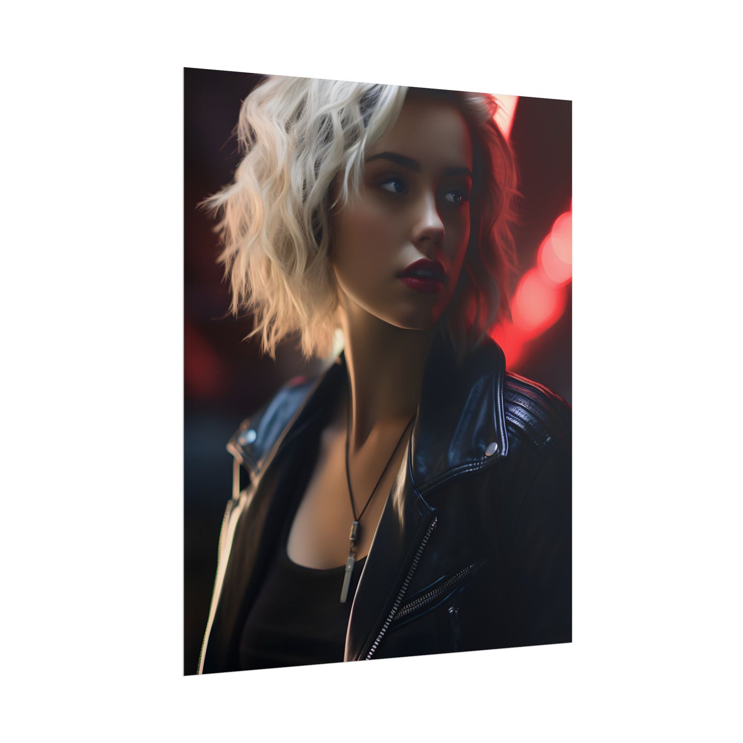 Cyberpunk Blonde: Closeup Portrait in Neon Hues - Poster