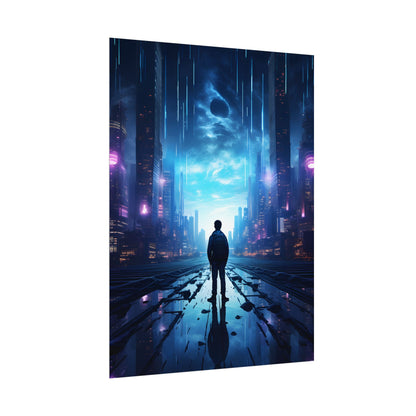 Cyberpunk Cityscape at Night: Melancholic Landscape Digital Art - Poster