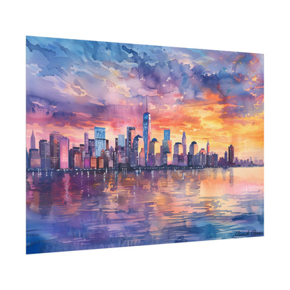 Serene NYC Sunset: Watercolor Skyline Reflections - Poster