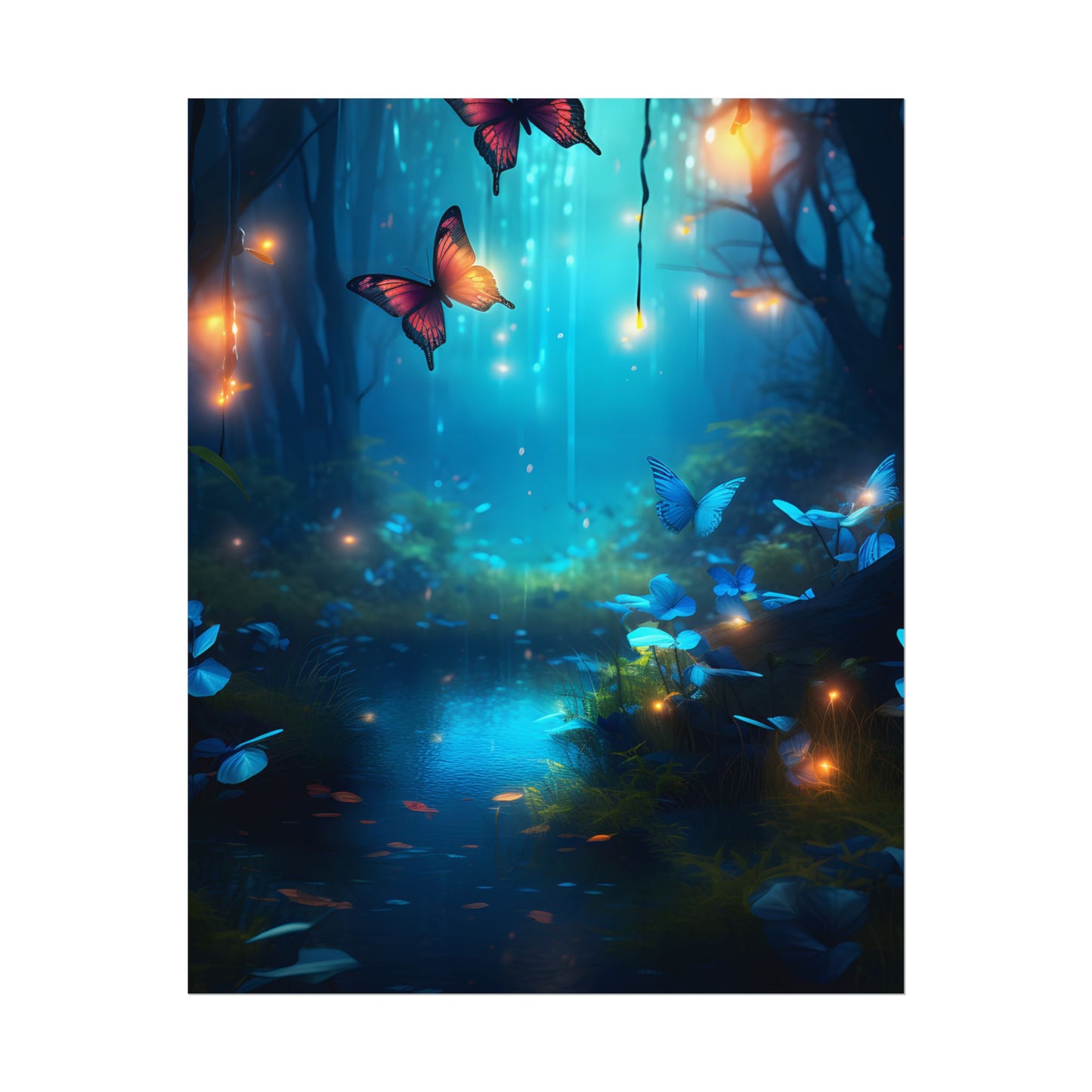 Moonlit Night Forest: Glowing Foggy Fantasy Bokeh Art - Poster