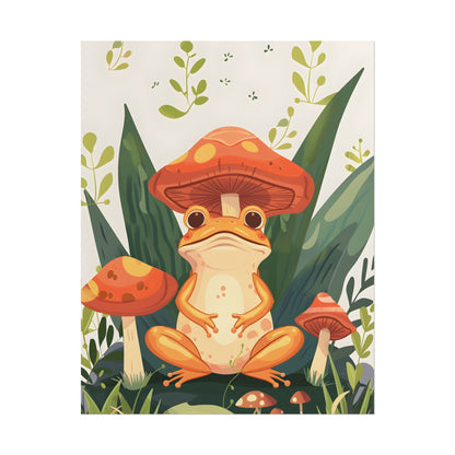 Retro Whimsy: Frog & Mushrooms in Close-Up Charm - Poster