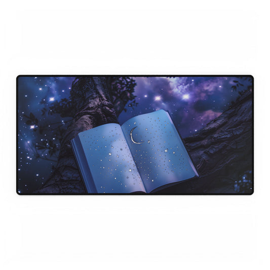 Mystical Night Sky: Celestial Dreams with Crescent Moon and Stars - Desk Mat