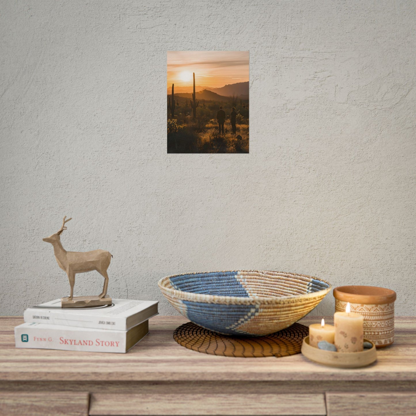 Desert Sunset Serenity: Two Friends Standing Together - Poster
