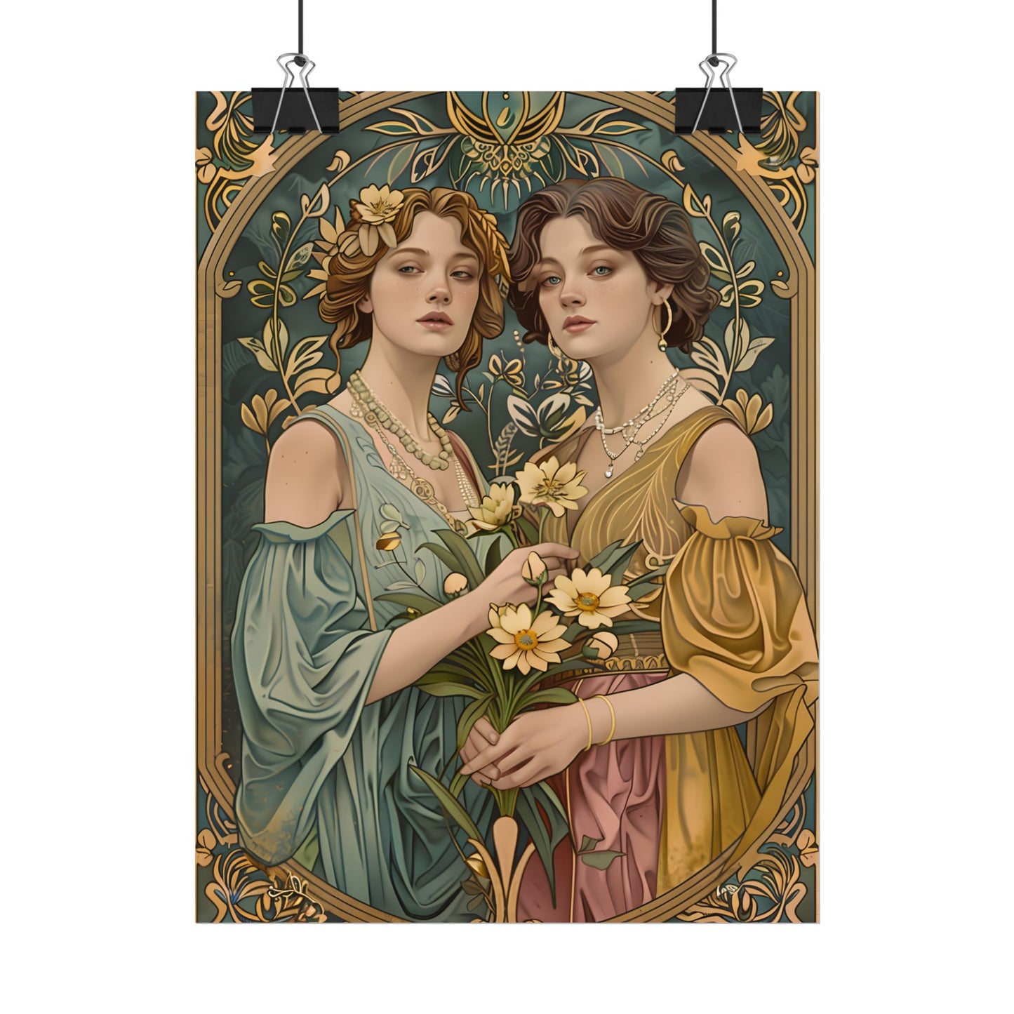 Two Women in Ornate Attire Holding Primr: Traditional Turkish Artwork - Poster