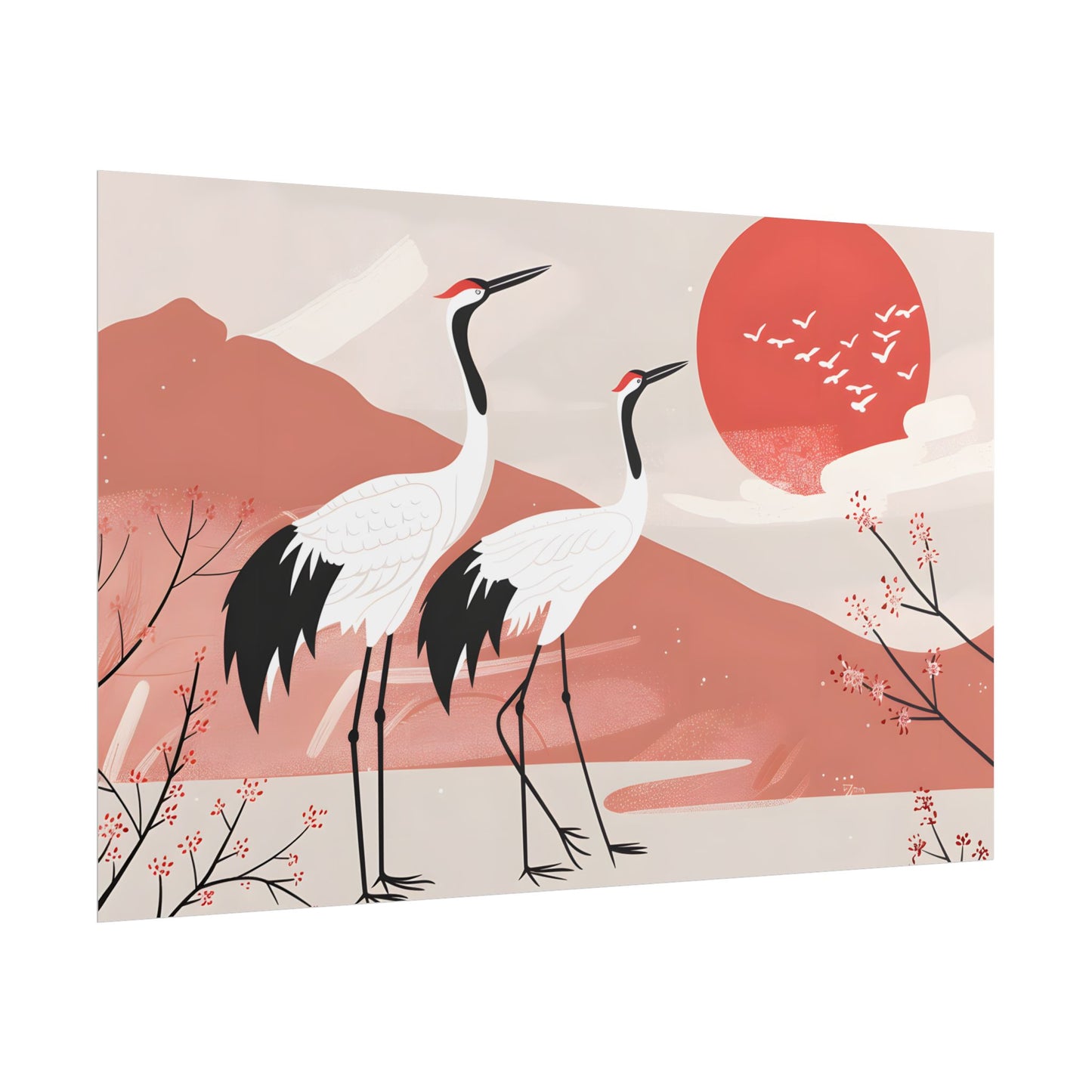 Serene Landscape with Cranes: Peaceful Nature Art - Poster