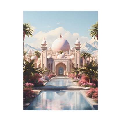Serene Arabian Desert Oasis: Camels in a Palm Tree Landscape - Poster