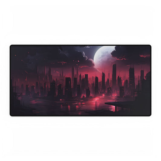 Cyberpunk Night: Burning Cityscape Digital Art - Desk Mat