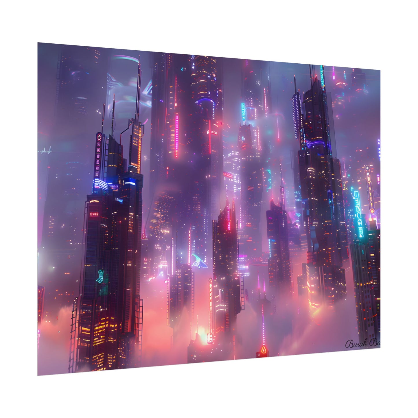 Neon Futuristic Cityscape: Graphic Modern Art - Poster
