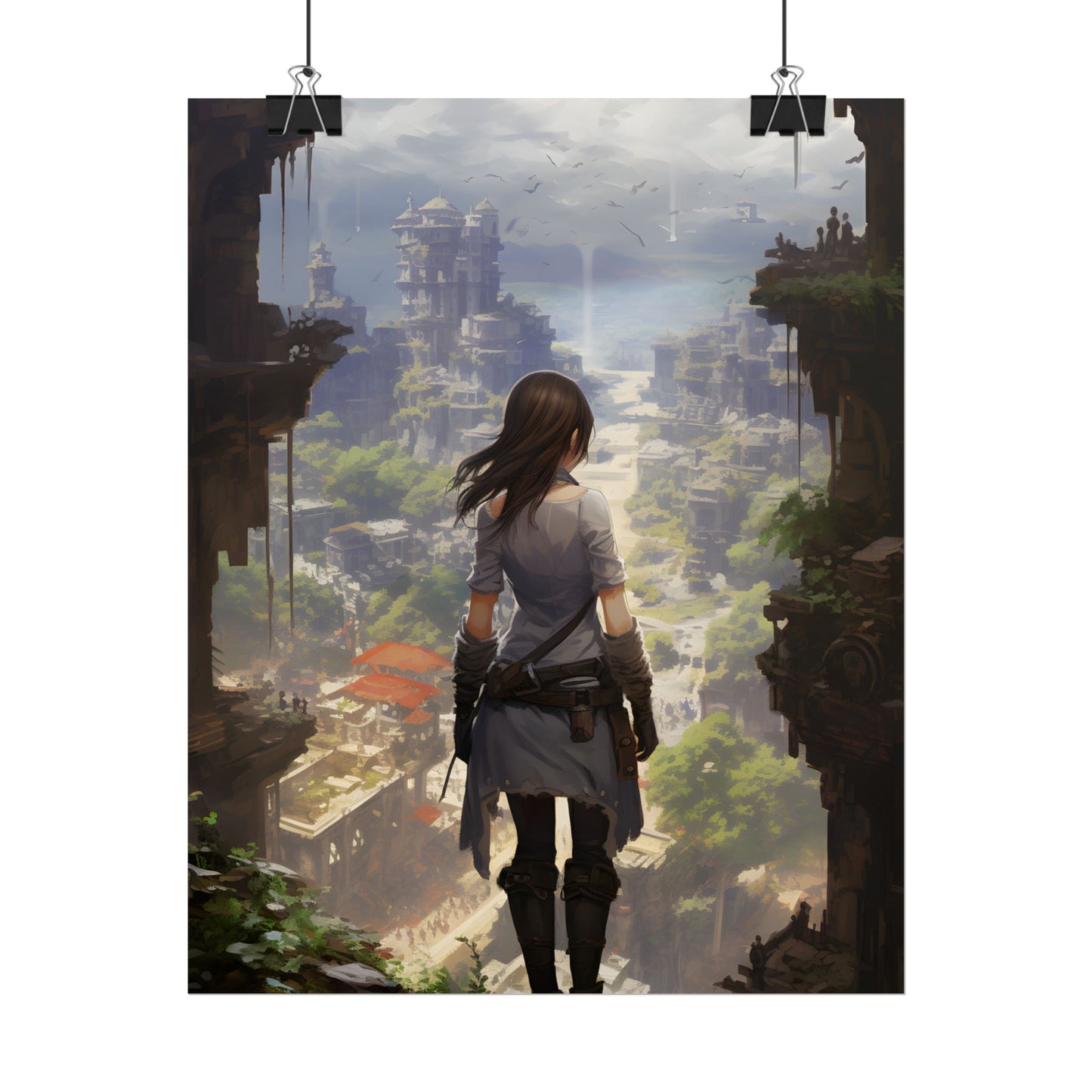 Dramatic Anime City Warrior: Bird's Eye View Digital Art - Poster