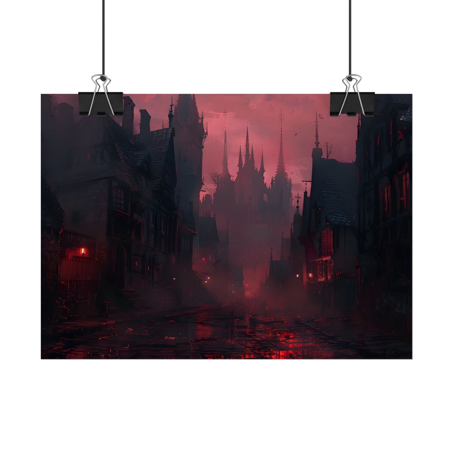 Dark Gothic Cityscape: A Serene Misty Dusk Scene - Poster