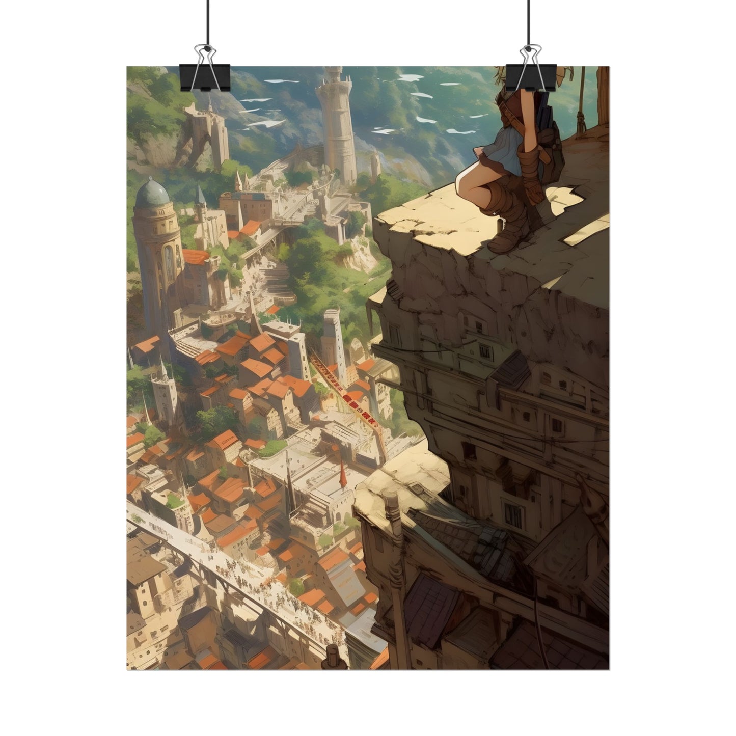 Dramatic Anime Bird's Eye View: Blonde Female in Action with Flying Birds - Poster