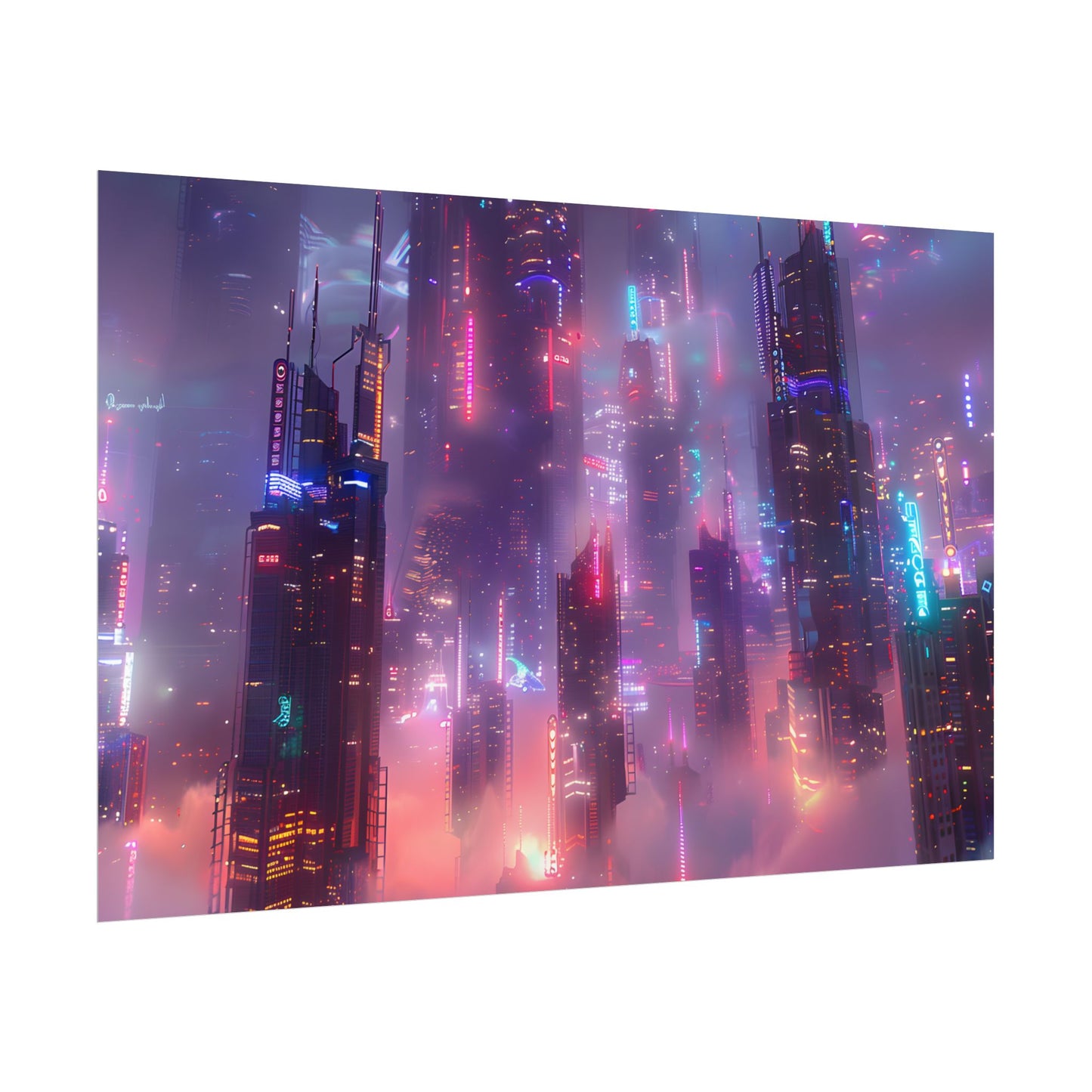 Neon Futuristic Cityscape: Graphic Modern Art - Poster